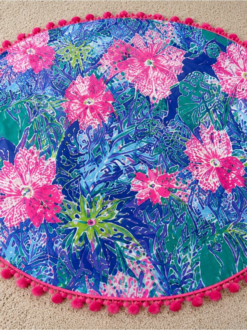 Lilly Pulitzer Multicolor Tropical Kids Beach Mat with Hot Pink Pom Trim
